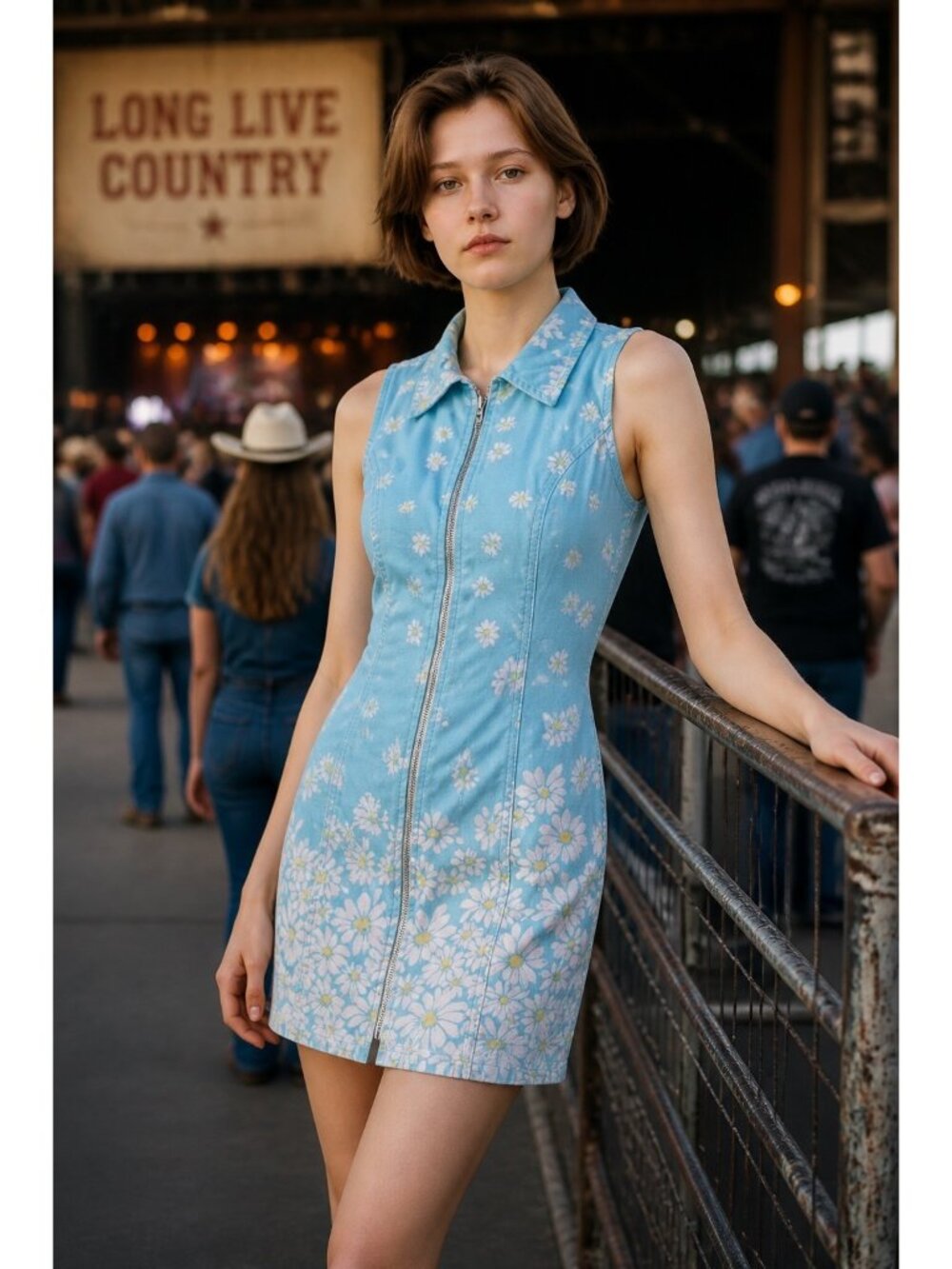 90s Paris Blues Denim Daisys Full Zip Dress Medium Blue Retro Dainty Country